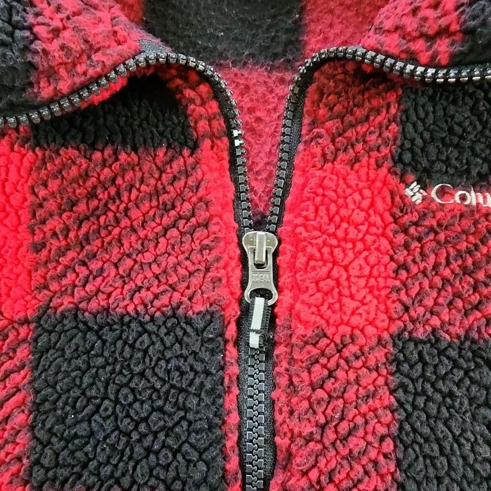 Columbia Unisex Kids L Red/Black Plaid Fleece Jacket Full Zip Pockets